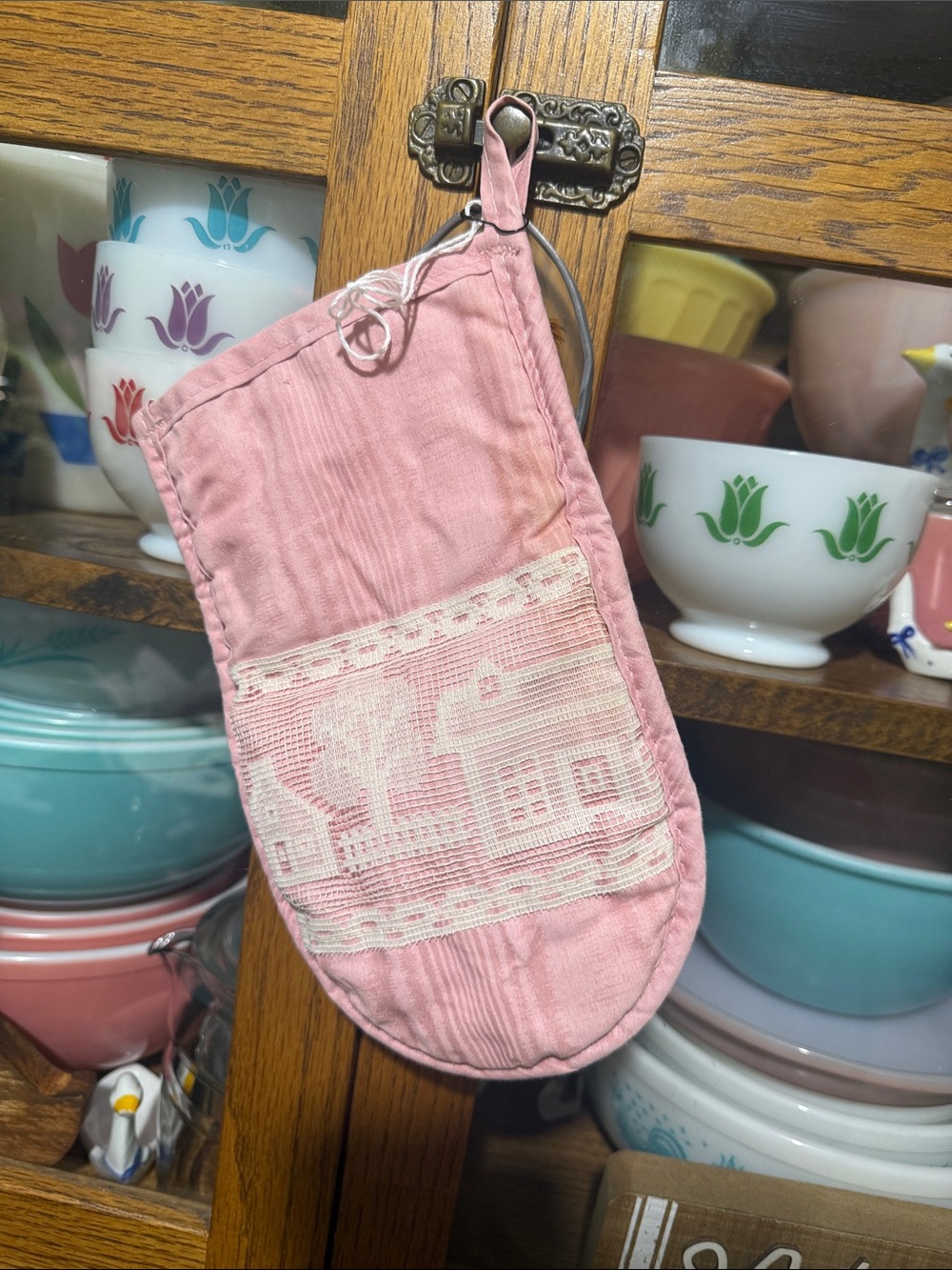 Vintage lace cottagecore pink oven mitt pot holder